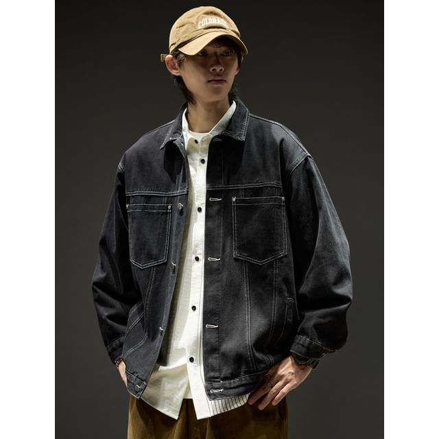 Redsinc-Collared Washed Button-Up Denim Jacket