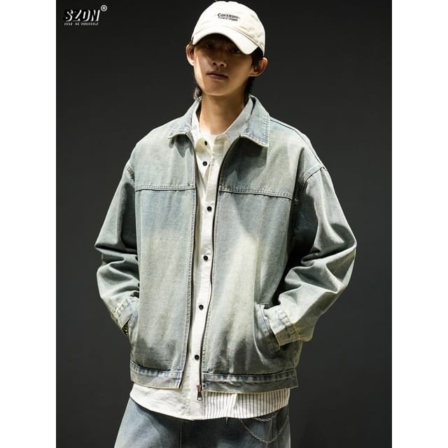 Redsinc-Collared Washed Zip-Up Denim Jacket