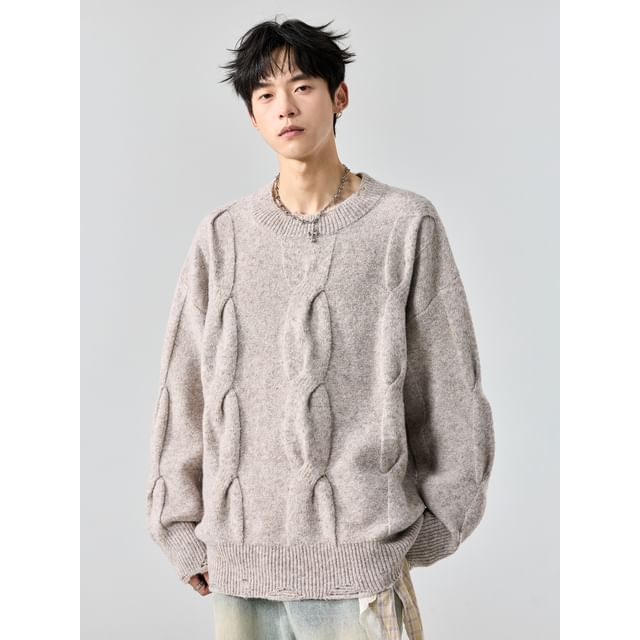 Redsinc-Crew Neck Melange Cable Knit Sweater