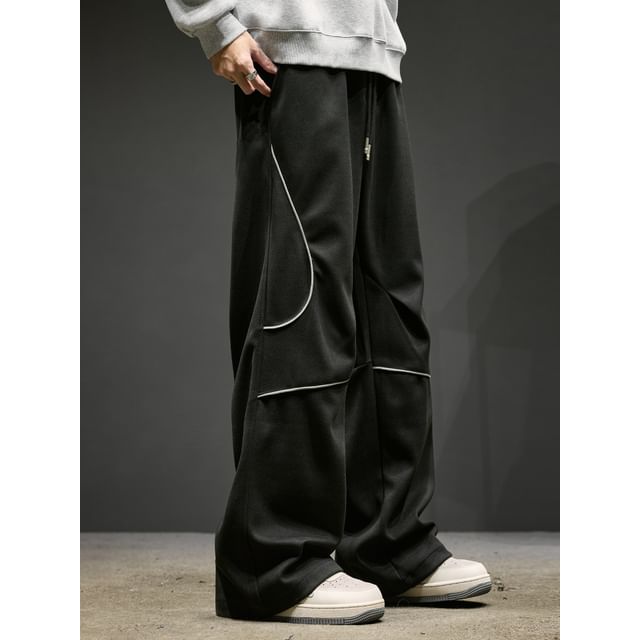 Redsinc-Drawstring Waist Contrast Stitching Wide Leg Sweatpants