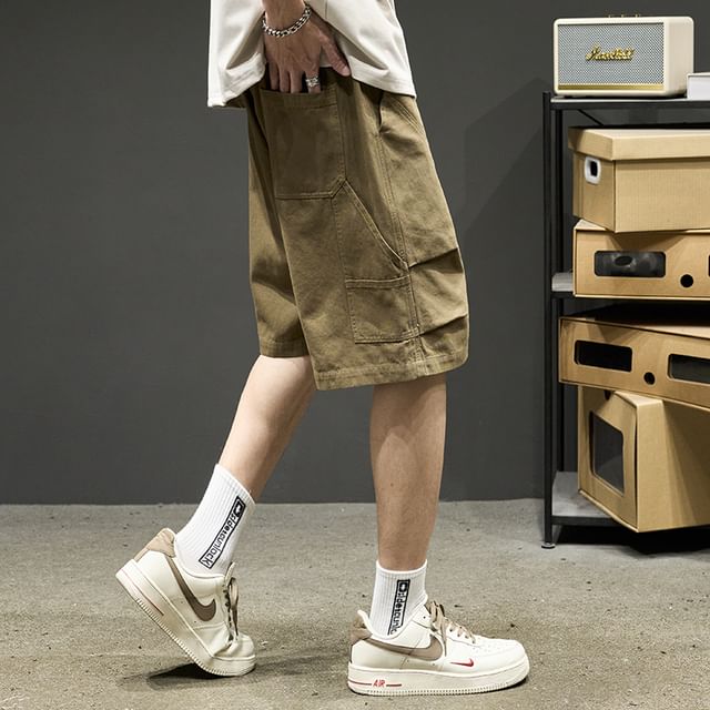 Redsinc-Drawstring Waist Plain Cargo Shorts