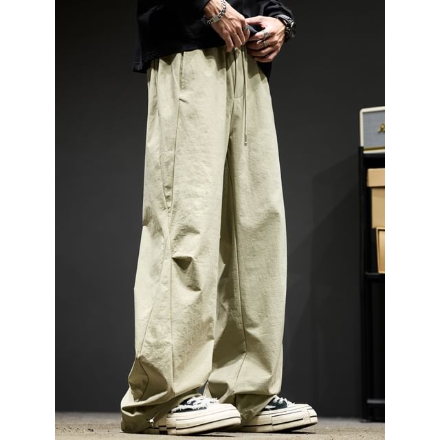 Redsinc-Drawstring Waist Plain Wide Leg Cargo Pants