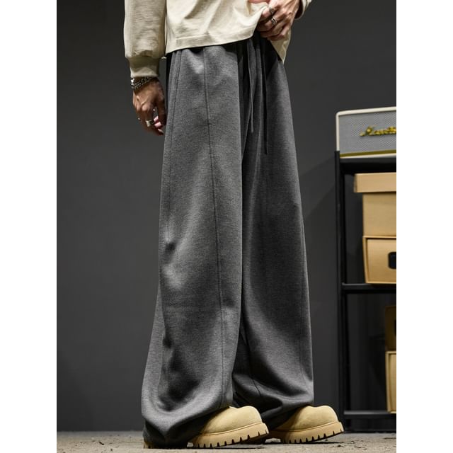 Redsinc-Drawstring Waist Plain Wide Leg Sweatpants