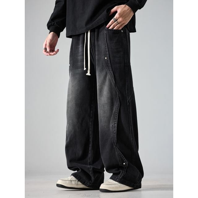 Redsinc-Drawstring Waist Washed Panel Wide Leg Jeans