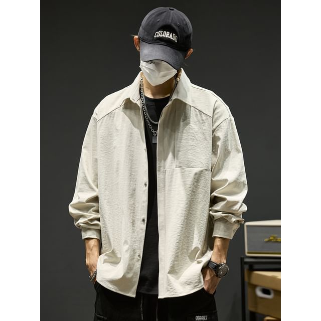 Redsinc-Long-Sleeve Button-Up Plain Shirt