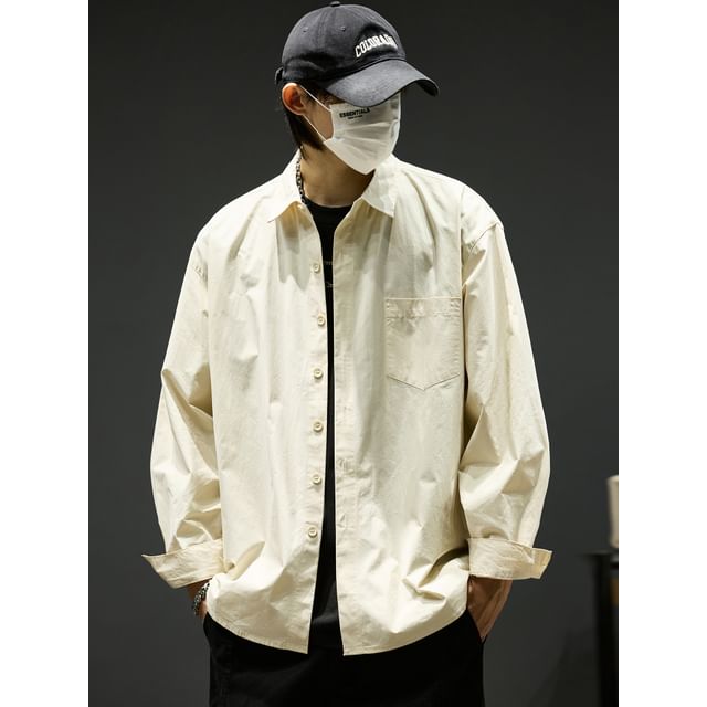 Redsinc-Long-Sleeve Button-Up Plain Shirt