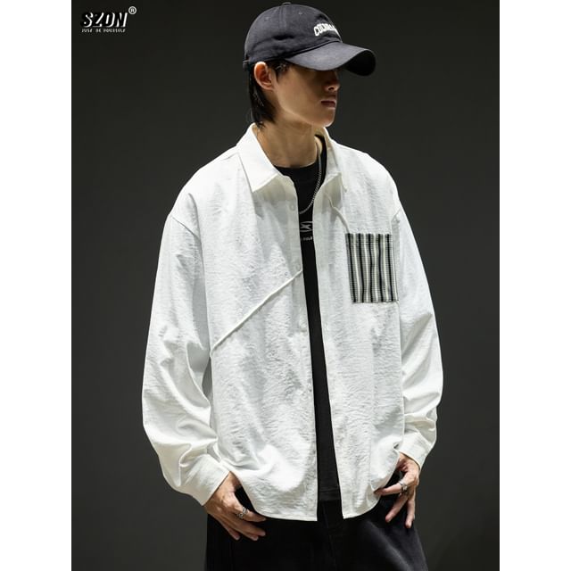 Redsinc-Long-Sleeve Striped Panel Button-Up Shirt