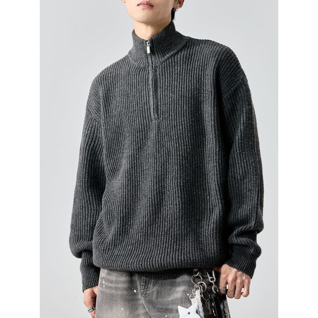 Redsinc-Mock Neck Half Zip Plain Sweater