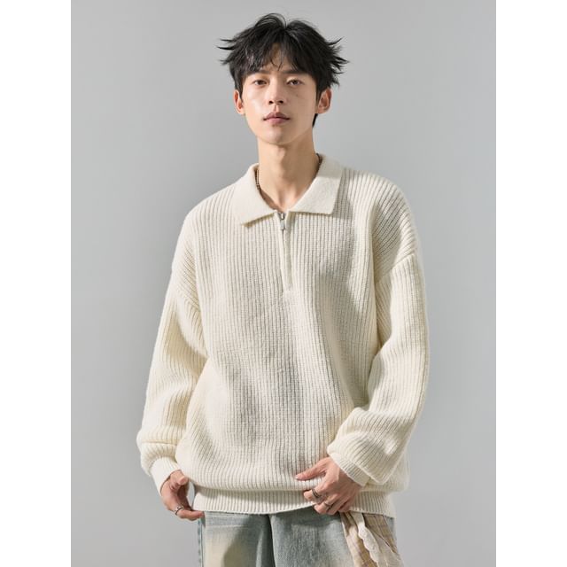Redsinc-Plain Half-Zip Polo Sweater