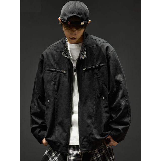 Redsinc-Stand Collar Plaid Panel Zip-Up Jacket