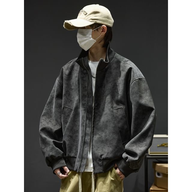Redsinc-Stand Collar Zip-Up Faux Leather Jacket