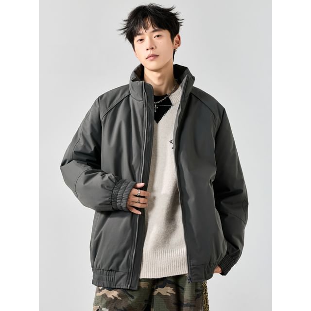 Redsinc-Stand Collar Zip-Up Plain Padded Jacket