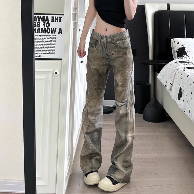 rinkoplan-Mid Rise Washed Patterned Print Flared Jeans