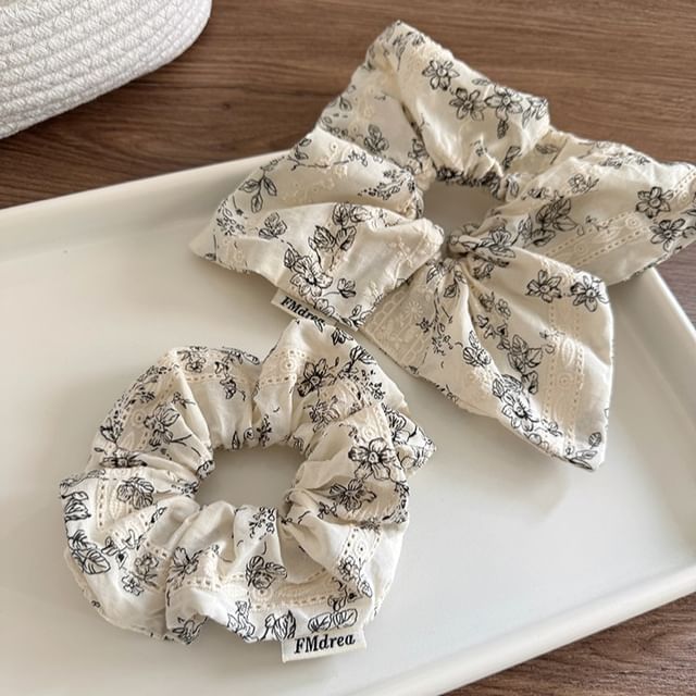 Rodiv-Floral Print Embroidered Scrunchie
