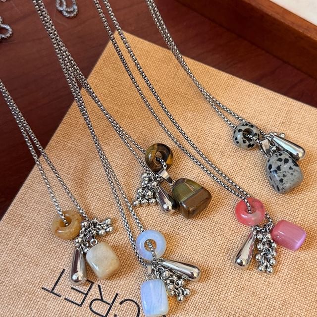 Rodiv-Gemstone Pendant Long Necklace