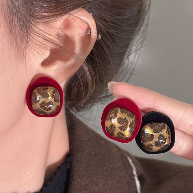 Rodiv-Leopard Print Velvet Ear Stud