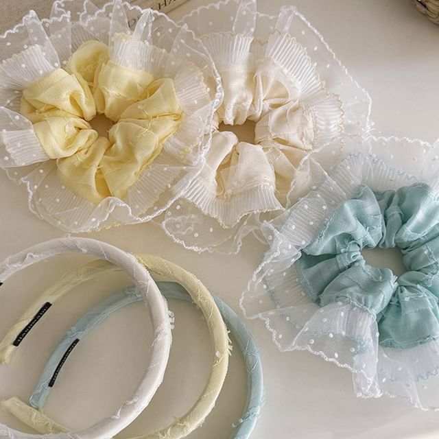 Rodiv-Mesh Trim Fabric Scrunchie Headband