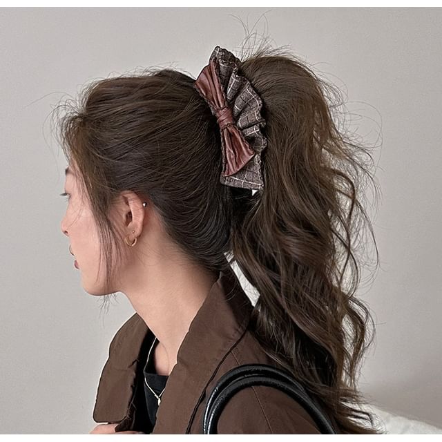 Rodiv-Plaid Ruffle Bow Hair Clip