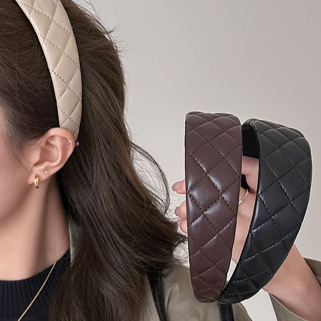 Rodiv-Plain Quilted Faux Leather Wide Headband