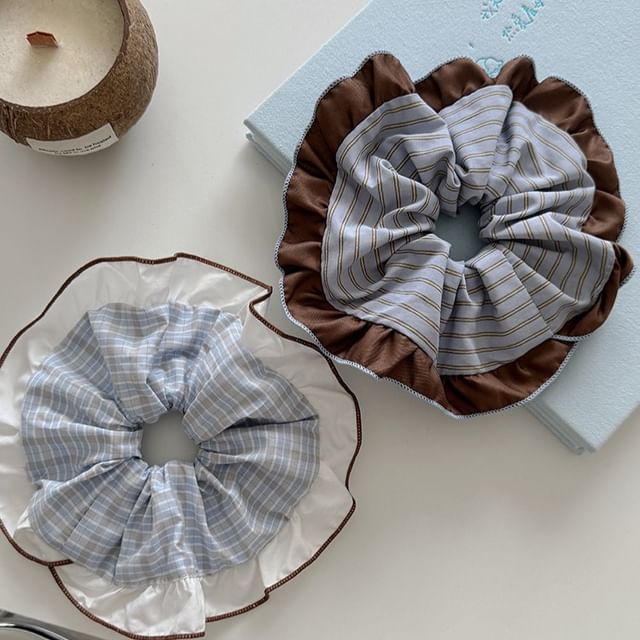 Rodiv-Striped Contrast Trim Ruffle Scrunchie