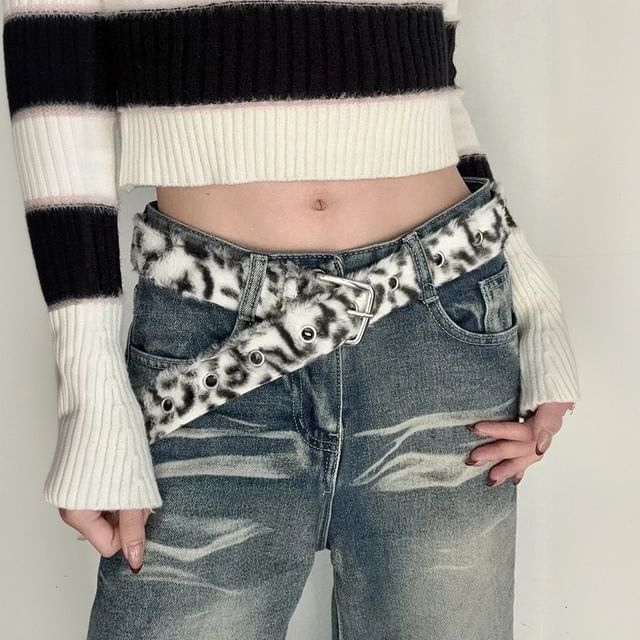 Rofuka-Fluffy Leopard Print Belt