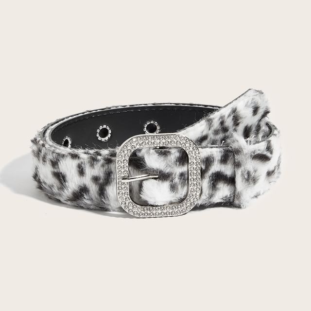 Rofuka-Leopard Print Rhinestone Buckle Belt