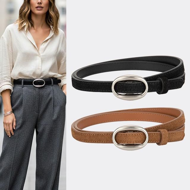 Rofuka-Oval Buckled Genuine Leather Thin Belt