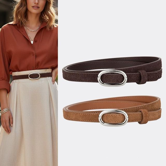 Rofuka-Oval Buckled Genuine Leather Thin Belt