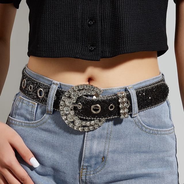 Rofuka-Rhinestone Sequin Grommet Belt