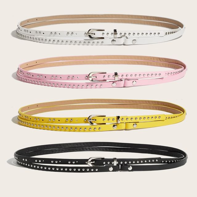 Rofuka-Studded Faux Leather Thin Belt