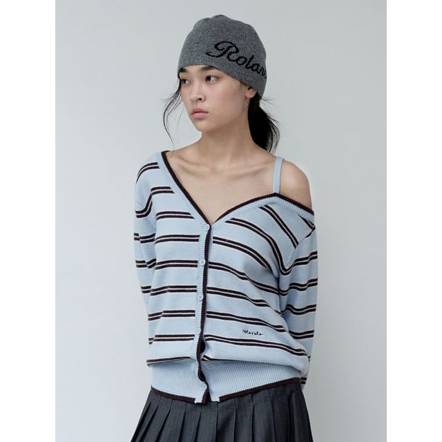 【rolarola】SHOULDER STRIPCARDIGAN rolarola - One-Shoulder Stripe Cardigan (Blue) | YesStyle