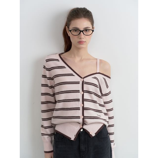 rolarola - One-Shoulder Stripe Cardigan (Pink) | YesStyle
