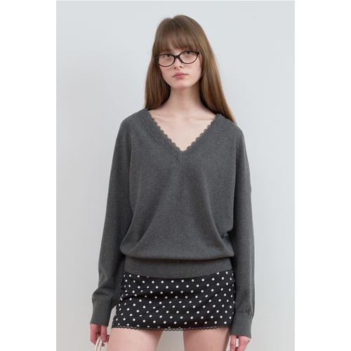 rolarola - V-Neck Lace-Trim Sweater (Charcoal Gray) | YesStyle