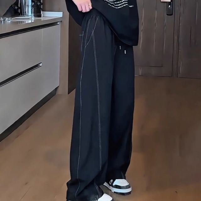 ROOSE-Drawstring Waist Contrast Stitching Loose Fit Pants