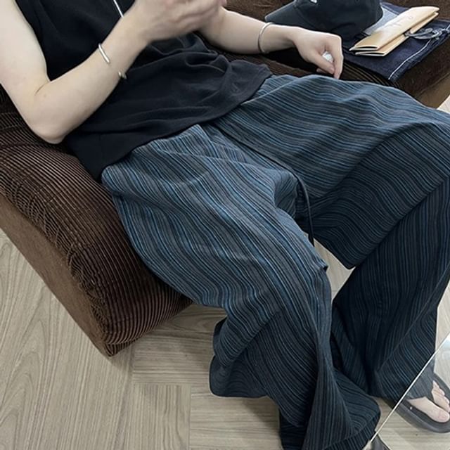 ROOSE-Drawstring Waist Striped Wide Leg Pants