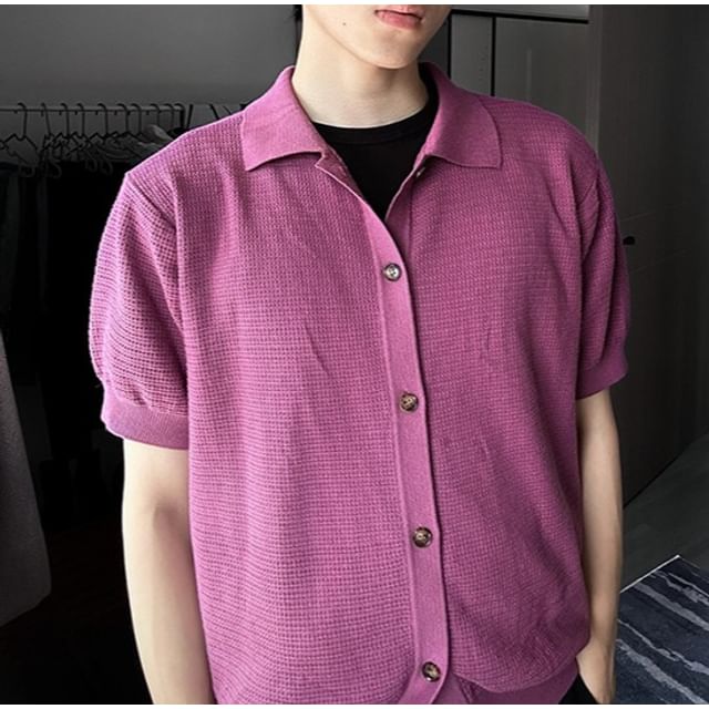 ROOSE-Short-Sleeve Plain Button Knit Top
