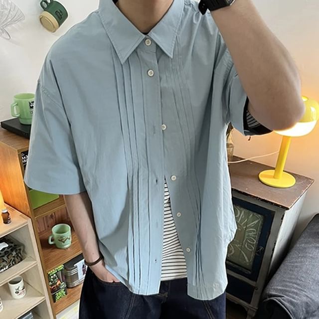 ROOSE-Short-Sleeve Plain Pintuck Shirt