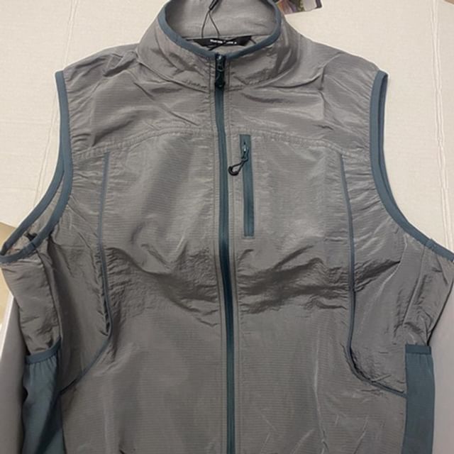 ROOSE-Stand Collar Contrast Trim Zip Vest