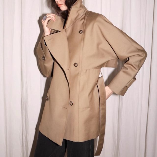 Rosamira-Collar Plain Double-Breasted Trench Coat