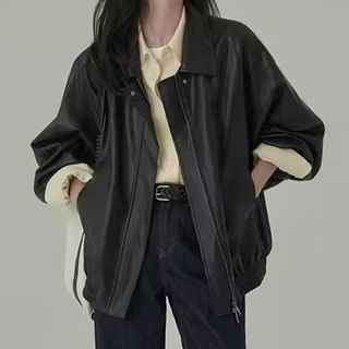 Rosamira-Collar Plain Faux Leather Zip Jacket