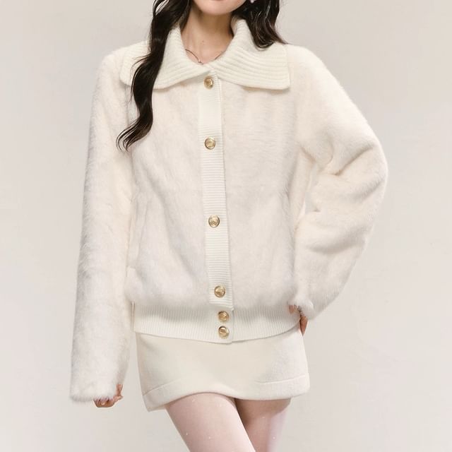 Rosamira-Collar Plain Fluffy Cardigan