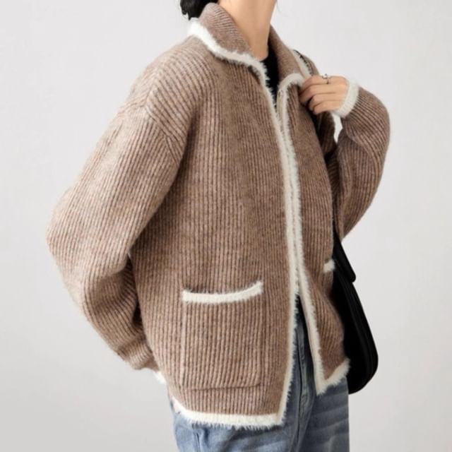 Rosamira-Collared Contrast Trim Ribbed Knit Zip Jacket