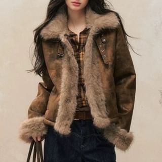 Rosamira-Collared Plain Faux Leather Fluffy Trim Zip Jacket