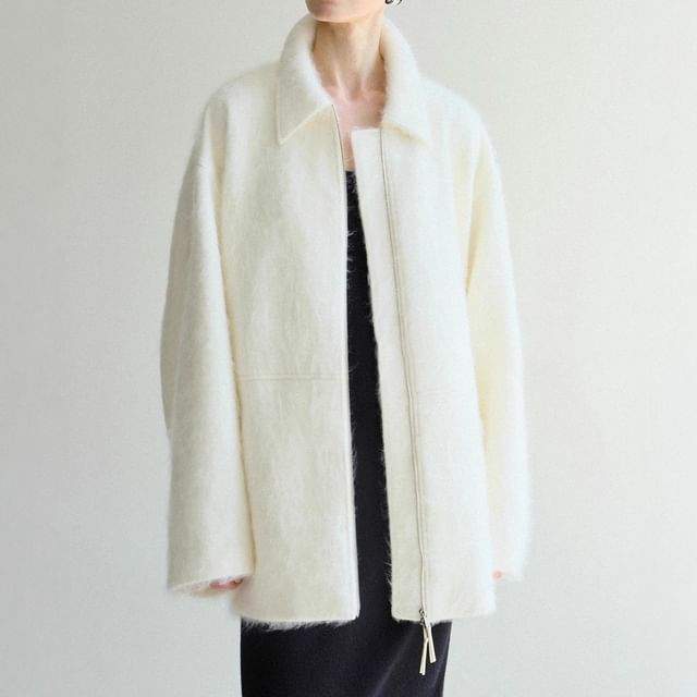 Rosamira-Collared Zip-Up Plain Oversized Jacket