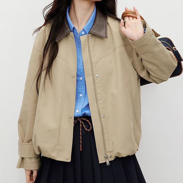 Rosamira-Contrast Collar Zip Barn Jacket