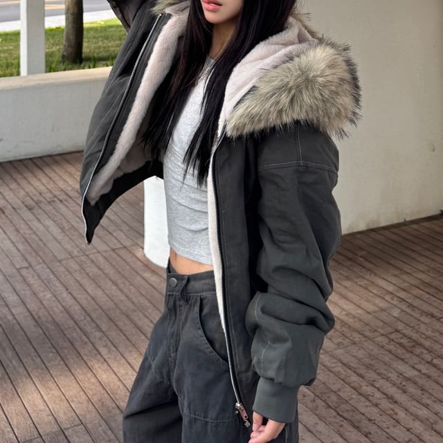 Rosamira-Veste zippé à doublure polaire capuche fourrure et coutures contrastées