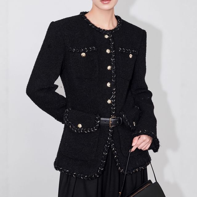 Rosamira-Crew Neck Braided Trim Button-Up Tweed Slit Jacket