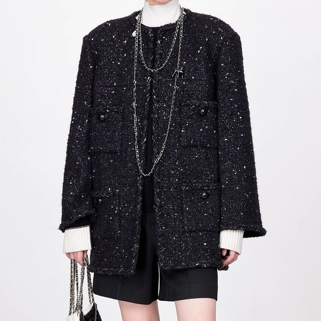 Rosamira-Crew Neck Braided Trim Open Front Tweed Jacket