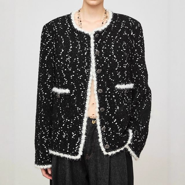 Rosamira-Crew Neck Contrast Trim Button-Up Tweed Jacket