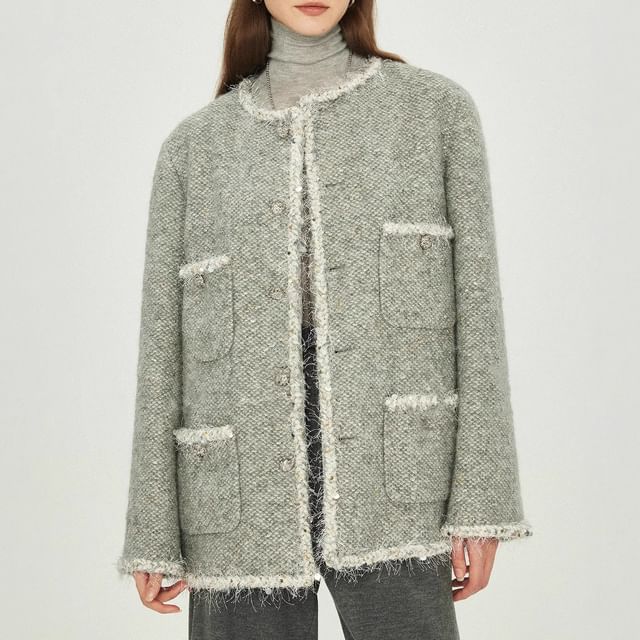 Rosamira-Crew Neck Fringed Button-Up Tweed Jacket